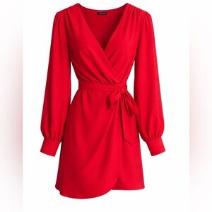 Red Wrap Dress Long Sleeve Tie Waist V Neck Flowy Date Night Party Dress NWT